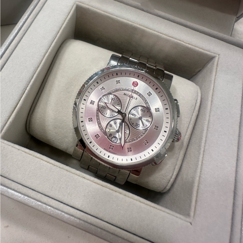 Michele Silver Sport Sail Diamond Bracelet Watch - EUC
